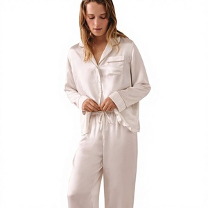 Women's <b>White</b> Satin Long Sleeve Pajama <b>Set</b> Classic Turn-down Collar Full Length Two-<b>Piece</b> Sleepwear Smooth Material - Product Image 1