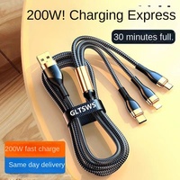 Kabel Data Tipe-C Tiga-dalam-Satu Nylon Pengisian Daya Super Cepat 200W untuk 15 Perangkat, Kompatibel dengan Earphone OPPO Glory