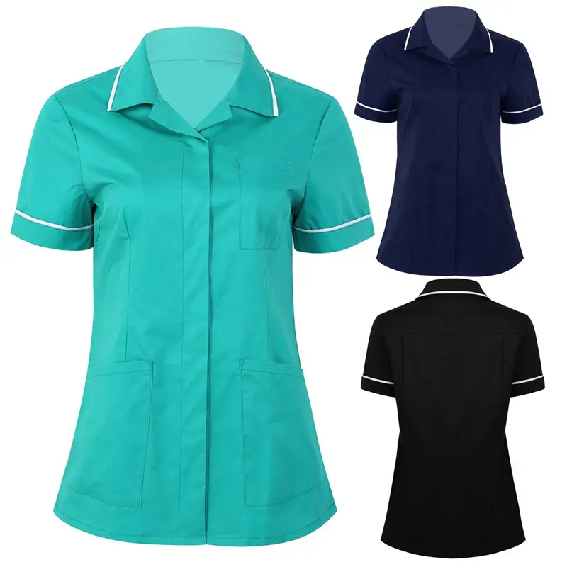 Womens Healthcare Tunic Turn-down Collar Short Sleeves Button Down Cares Therapist Dentist Workwear Uniform Tops