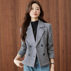 Houndstooth Wool Blazer Women Grey Suit Double Breasted Pocket Design Casual Office Wear - Product Image 2