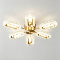 Plafonnier LED radial moderne de luxe à 6 bras, lampe encastrée dorée avec abat-jour texturé en maille diamantée pour salon, villa