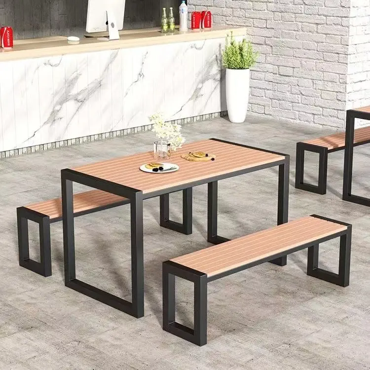 Outdoor Restaurant Furniture Plastic Wooden Dinning Table Chair Modern Waterproof Metal Frame Dining Table Chair Combination