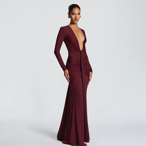 Vestido de noche con cuello en V profundo, manga larga, corte de cola de pez, elegante, formal, para mujer - Product Image 2