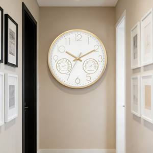 Horloge murale de luxe 14 pouces dorée à mouvement silencieux à quartz avec thermomètre et hygromètre, idéale pour grandes maisons et résidences de prestige - Meilleures ventes - Product Image 2