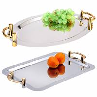 Ensemble de plateaux miroir en acier inoxydable ovales, rectangulaires et ronds, plateaux de service pour salade, fruits, poisson, buffet, 16-22 pouces, poignée dorée/argentée