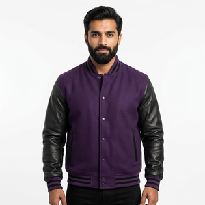 Blouson universitaire de baseball style Letterman, manches en cuir blanc, corps en laine violette, taille XL, col montant, motif hiver - Product Image 1