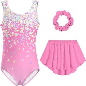 Ensemble de justaucorps de gymnastique pour filles, léger, sans couture, en spandex/polyester tricoté, avec sequins en forme de cœur roses, jupe plissée, pour la danse et le gymnastique - Product Image 3