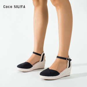 Sandalias de cuña Coco SILIYA con punta abierta, suela de paja, forro de microfibra, correa trasera, transpirables, cierre de hebilla, zapatos de mujer - Product Image 1