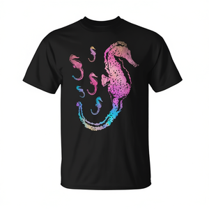 T-shirt coloré en forme de hippocampe, design animal marin, noir, taille adulte unisexe - Product Image 2