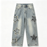 Dayanıklı Hafif Vintage Yıkama Ham Saçaklı Yıldız Yamalı Bol Paça Geniş Bacak Denim Pantolon Erkek Orta Bel Rahat Düz Özel Tasarım 183