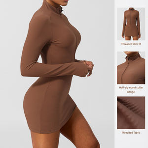 Vestido deportivo ajustado desnudo con cremallera Adelgazante Secado rápido Fitness Yoga Falda informal de manga larga Sexy - Product Image 3