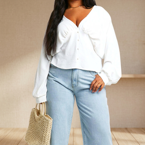 Plus Size Solid Button Front Breathable Chiffon Cotton Bamboo Fiber Women's <b>Blouses</b> Shirts High Street Style Short Sleeve Summer - Product Image 3