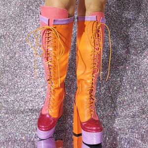 Large Size 47 Thick Soles Patchwork Shoes Mixed Colors <b>Boots</b> Women Lace up Chunky Heels Knee High Platform Long Booties - Product Image 5