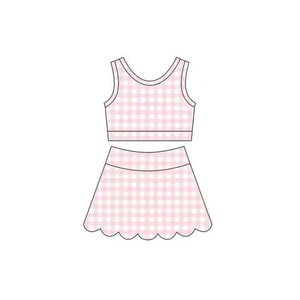 GSD4066 CUSTOM Ensemble sans manches à imprimé écossais rouge pour petite fille active, Vente en gros pour enfants, Ensemble jupe et haut de yoga pour fille - Product Image 5