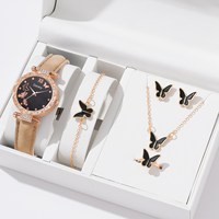 Ensemble de 6 montres de luxe pour femmes, bague, collier, boucles d'oreilles, bracelet, montres à bracelet en cuir papillon, montre-bracelet à quartz pour femmes CD108