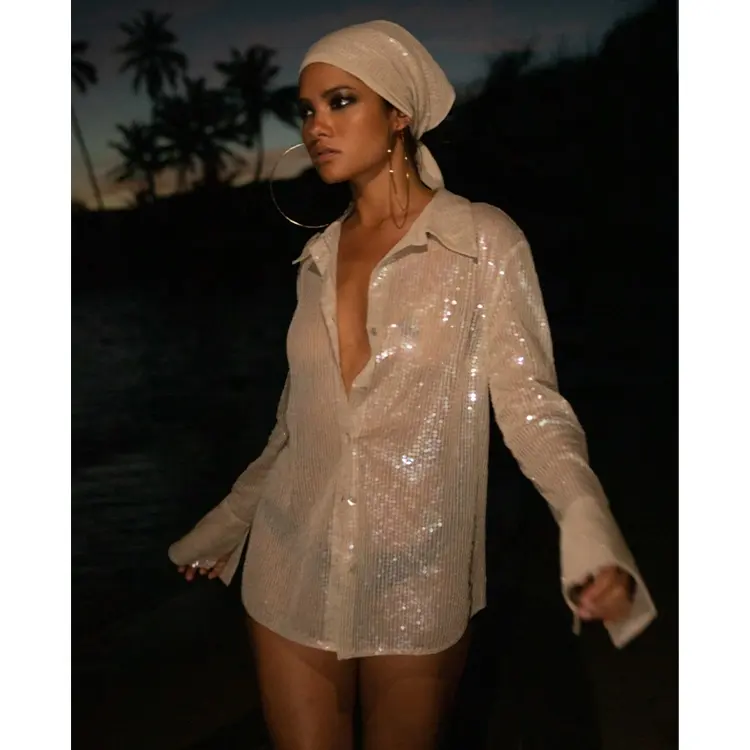 Woman's Transparent Shirts Sexy Sheer Long Sleeve Ladies Blouses Bling Glitter Sequins Woman Blouse