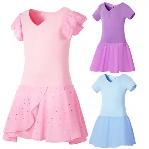 2024 розовые балетные купальники с юбками, хлопковые блестящие танцевальные платья для девочек