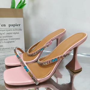 Sandales à talons hauts pour femmes, personnalisables en couleurs, à bout carré ouvert, avec diamants colorés, double brides, en satin sur mules - Product Image 2