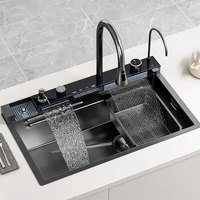 Évier de cuisine moderne en verre SUS304, fait main, avec rince-verre intelligent et cascade multifonction
