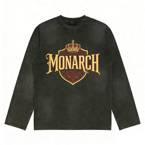 <span class=keywords><strong>T</strong></span>-shirt à manches longues gris foncé délavé vintage de style américain, imprimé lettres couronne, coupe ample et col rond - Product Image 3