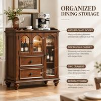 Buffet vintage en bois massif, armoire de rangement avec porte en verre cannelé pour salle à manger et cuisine