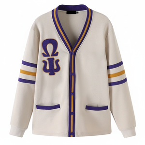 Personnalisé Fraternité OPP Omega Neutre Polaire Cardigan Col V Hommes Pull D'hiver Chenille Brodé Lettres Grecques bouton Avant - Product Image 1