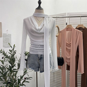 Maglietta Sexy con <span class=keywords><strong>Glitter</strong></span> a vita stretta e trasparente Top Pullover Slim Basic a maniche lunghe in <span class=keywords><strong>maglia</strong></span> con scollo a V Top Top da <span class=keywords><strong>donna</strong></span> - Product Image 2