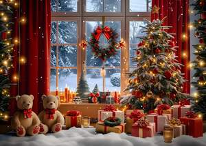 크리스마스 스타일 8x6ft 부드러운 패브릭 벽난로 장식 사진 배경막, 성탄절 트리 눈 내리는 벽 바닥 파티 사진 배경 - Product Image 3