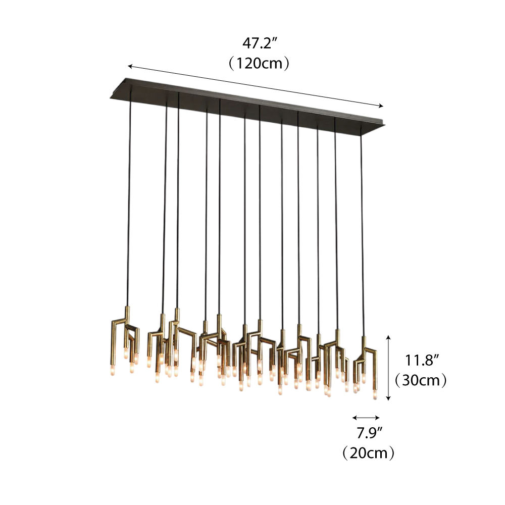 Plafonnier long en laiton à 12 lumières, longueur 120 cm (47,2 pouces).