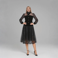 Nouvelle Robe Midi Femme Tissée Écologique Lavable avec Dentelle Creuse et Ceinture, Coupe Trapèze, Tendance, Élégante, Sexy, Noire, Décontractée pour Soirée