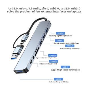 <span class=keywords><strong>Hub</strong></span> USB <span class=keywords><strong>double</strong></span> tête 8-en-2 Type C avec lecteur de cartes TF/SD USB 3.0 et audio 3,5 mm pour ordinateur portable - Product Image 4