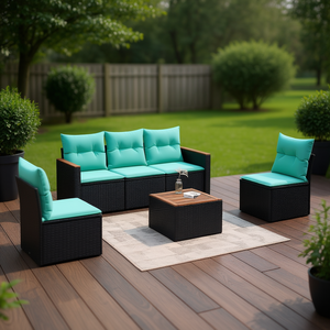 ชุดโซฟาหวายสังเคราะห์สีดำพร้อมเบาะรองนั่ง เฟอร์นิเจอร์กลางแจ้งสำหรับ 6 ที่นั่ง ดีไซน์ร่วมสมัย สไตล์โมเดิร์น - Product Image 2