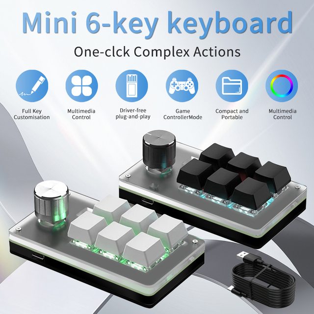 6 Keys 1 Knob RGB Programming Macro Gaming Knob Keypads Mini Custom Programming Keyboard USB Wired Mechanical Keyboard for PS