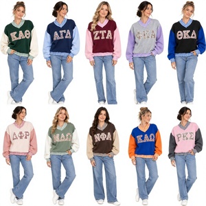 <b>Women's</b> <b>V</b>-<b>Neck</b> <b>Sweatshirt</b> Greek Letters Preppy Style Cotton Knitted Autumn Wear Regular Sleeve Full Length - Product Image 1