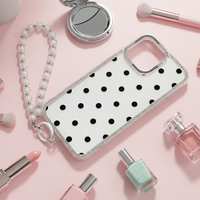 Étui de téléphone de luxe en TPU+PC avec motif à pois et dragonne pour 16/15/14/13/12/11/12 Pro/13 Pro/14 Pro/15 Pro/16 Pro/17 Promax