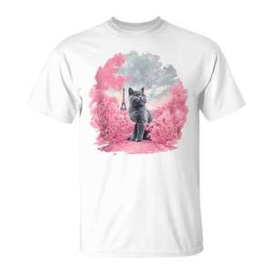 Camiseta con estampado de gato y flor de cerezo en París, camiseta gráfica con estampado digital de manga corta y cuello redondo para adultos - Product Image 1