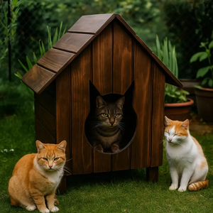 Casa Moderna para Gatos de Madera, Refugio para Mascotas Hecho a Mano con Entrada en Forma de Gato, Cama para Gatos Interior/Exterior Desmontable y Móvil - Product Image 1