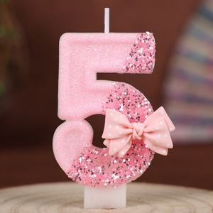 Bougies d'anniversaire numérotées avec nœud <span class=keywords><strong>rose</strong></span>, décorations de gâteau, bougies faites à la main pour la fête d'anniversaire des petites filles d'un an - Product Image 6