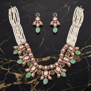 925 <b>Silver</b> Necklace Set for Women Traditional Indian Jewelry Green White Beads Kundan Work Earrings Set - Product Image 6