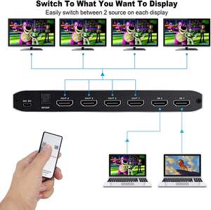 Répartiteur de commutateur 4K @ 60Hz <span class=keywords><strong>2x4</strong></span> <span class=keywords><strong>HDMI</strong></span> 2.0 SPDIF Audio 3.5mm et scalaire 2 en 4 sorties avec télécommande IR 4K 3D HDCP2.2 Répartiteur de commutateur <span class=keywords><strong>HDMI</strong></span> - Product Image 4