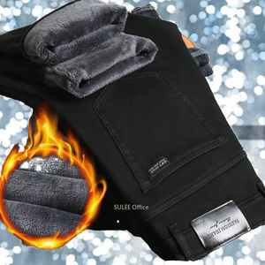 Jeans <span class=keywords><strong>Neri</strong></span> Slim Fit da <span class=keywords><strong>Uomo</strong></span> Inverno 2022, <span class=keywords><strong>Pantaloni</strong></span> in Denim Foderati in Pile Caldo, Taglie Forti, Lavaggio Medio, <span class=keywords><strong>Elasticizzati</strong></span> in Velluto - Product Image 3