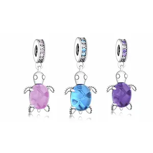 Fit Original Charm Bracelet Authentic 925 Sterling Silver Pink Blue Purple Murano Glass Turtle Beads Charms