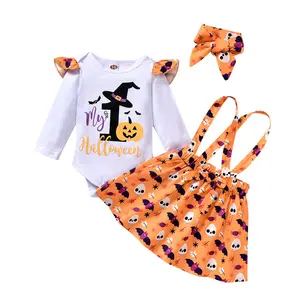 Hot Sale Halloween Mädchen 0-12 Monate Anzug Langarm Top Hosenträger Rock Stirnband Baby Mädchen Kleidung Set