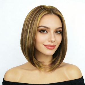 Pelucas sintéticas cortas lisas tipo bob, fibra resistente al calor, reflejos <span class=keywords><strong>rubio</strong></span> miel, raya al medio, sin flequillo, puntas ajustables, resistentes al calor. - Product Image 5