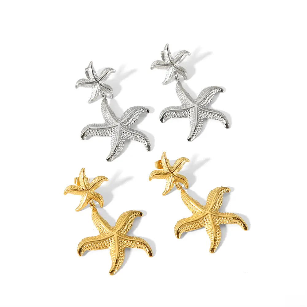 18k Gold PVD Plated Earrings In Stainless Steel Women Double Sea Star Statement Studs Earring
