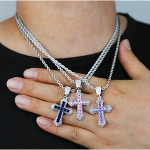 Lagerbestand Mehrfarbige CZ 5A Kubikzirkonia Kreuz-Anhänger Halskette für Männer Frauen Hip Hop Bling Großhandel Schmuck - Product Image 1
