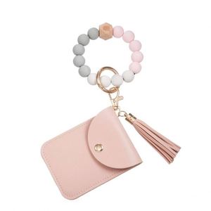 2025 New Plain Silicone Beads Bracelet Pu Card Holder With Women's Wallet Leather Tassel <b>Key</b> <b>Chain</b> Custom Promotional Gifts - Product Image 4