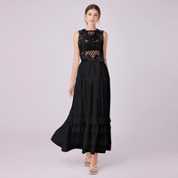 Robe décontractée en dentelle élégante à col ras du cou sexy sans manches à la mode avec A longueur de plancher pour femmes