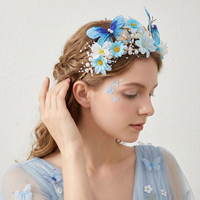 Diadèmes bleus à fleurs et papillons en perles, couronnes florales faites à la main avec perles, papillons en filigrane doré, couronnes élégantes bleu clair