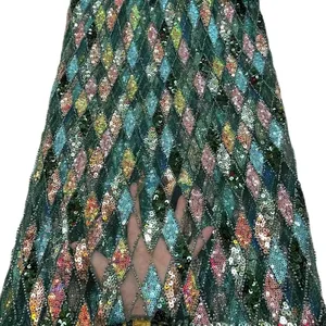 Gaun pengantin payet bordir hijau berat, kain renda jala renda Prancis dengan manik-manik kristal Tulle untuk